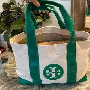 Tory Burch green canvas beach bag/ tote